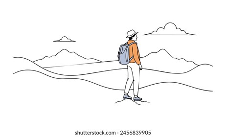 Tourist stand man continuous line art vector illustration on white background.