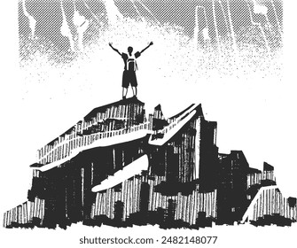 tourist stand on top of a mountain having achieved success surrounded by mountains