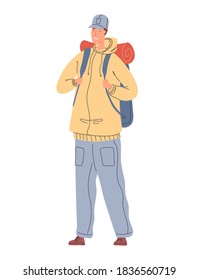 A Tourist is Standing with a Backpack and Smiling. Adventure and Travel. Cartoon Flat Vector Illustration