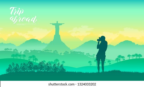 A tourist stands in the background of popular  country places. Travel world tour trip concept. Journey adventure to Brazil design illustration