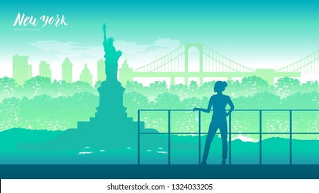 A tourist stands in the background of popular  country places. Travel world tour trip concept. Journey adventure to New York design illustration