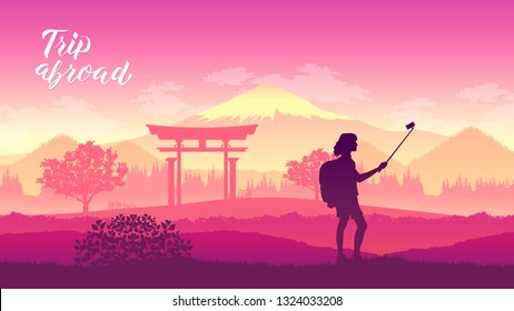 A tourist stands in the background of popular  country places. Travel world tour trip concept. Journey adventure to Japan design illustration