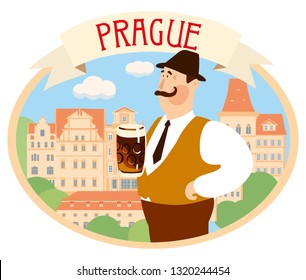 Tourist sticker Prague. Solid mustache man in a hat with a mug of Czech beer on the background of old European houses. Vector graphics