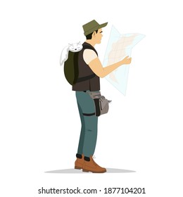 The Tourist Stopped And Looks At The Map Of The Area. A Mouse Peeks Out Of The Fanny Pack. A Cat Sleeps On Top Of The Backpack. Leather Fanny Pack. Tourism. Vector Flat Illustration