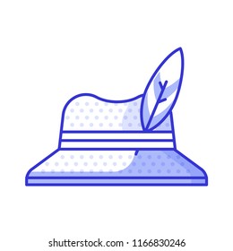 Tourist straw hat icon. Traveler birder cap with bird feather in flat design. Ornithologist head wear.