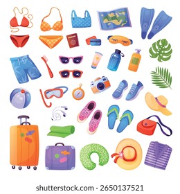 Tourist stuff. Summer vacation accessories, travel beach clothes bag luggage journey trip item suitcase sea tourism passport map sunglasses bikini, set swanky vector illustration original artwork