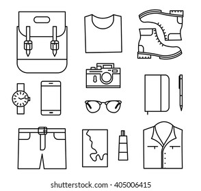 Tourist stuff. Vector line icons set isolated on white background. Traveler preparing