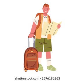 Tourist with suitcase and backpack holding map. Happy man standing with luggage and paper map to find route, direction. Travel adventure mascot, cartoon guy on trip vector illustration