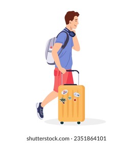 Tourist with a suitcase and a backpack hurry trying to get his flight or train. Flat vector illustration isolated on white background