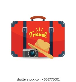 Tourist suitcase, camera and hat. Element for your travel design. Vector illustration.