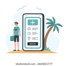 Ein Tourist mit einem Koffer. Farbige, flache Vektorgrafik. Weißer Hintergrund.