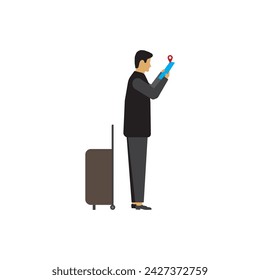 A tourist with suitcase looking pointing map navigation for travel white background, journey exploration location trip for solo camping or relaxation concept, copy space for text editable shape object