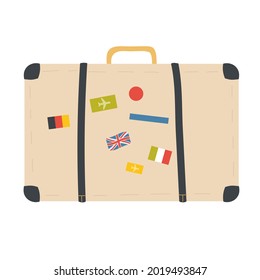 Tourist suitcase luggage, tourism and summer sea beach travel vacation vector illustration. Cartoon suitcase for happy summertime journey isolated on white