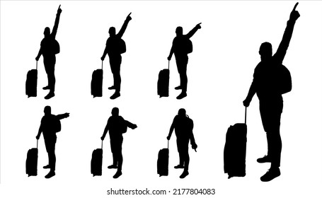 A Tourist With A Suitcase On Wheels, A Backpack Behind His Back. The Man Raised His Hand High And Indicates The Direction With His Finger. To Peer. Examine. Seven Black Silhouettes Isolated On White