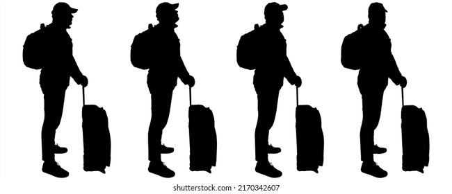 Tourist with a suitcase on wheels. A guy in a cap, with a backpack behind his back and with luggage on wheels. Travelers stand in one line, one after another. Four black male silhouettes isolated