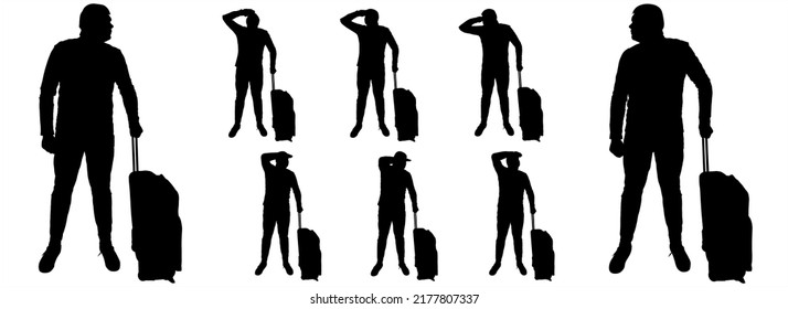 A tourist with a suitcase on wheels is waiting. A tourist in a tracksuit peer into the distance with the help of his hand and focuses his vision. Front view, full face. Silhouettes isolated on white