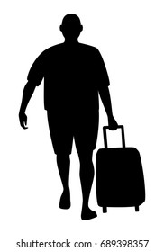 Tourist with suitcase silhouette, isolated on white background. Vector illustration.