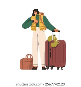 Tourist with suitcase, travel bag, waiting for flight departure, checking time with watch. Happy woman passenger with hand baggage, luggage. Flat vector illustration isolated on white background