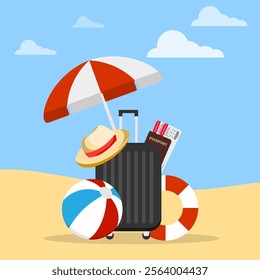 Tourist suitcase, suitcase with traveler's things against the background of sky and sand. Beach holiday concept. Vector, cartoon illustration. Vector.