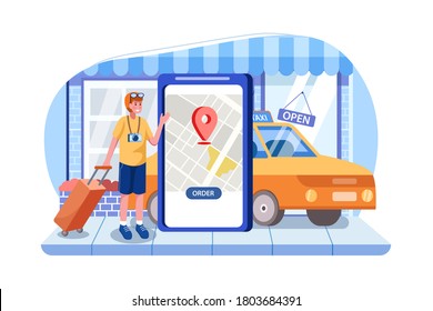 Tourist with a suitcase using a mobile ride hailing app to order a car, location shown on the screen of the phone