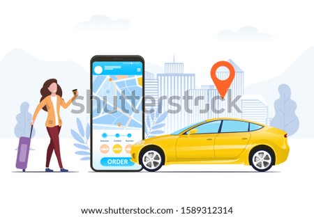 Tourist with a suitcase using a mobile ride hailing app to order a car from an urban location shown on the screen of the phone, in a conceptual vector illustration