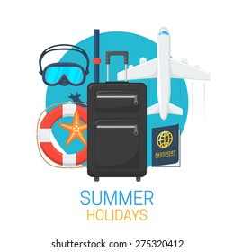 Tourist suitcase and vacation symbols. Summer tropic travel background design. 