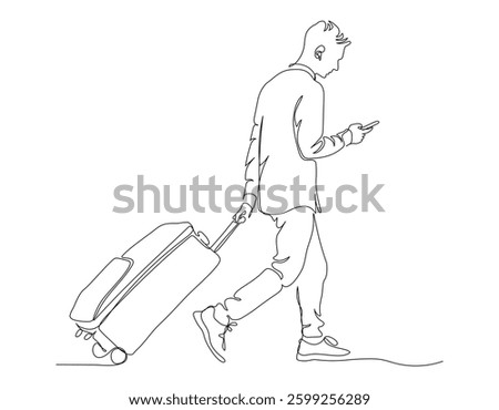 Tourist with suitcase walking and using phone. Side view. Travel. Continuous line drawing. Black and white vector illustration in line art style.