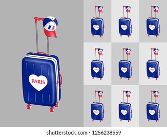 Tourist suitcases with French cap for travel to France cities. All the objects are in different layers and the text types do not need any font. 