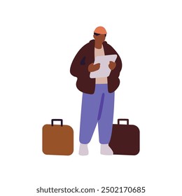 Tourist with suitcases stands. African American person holds paper sheet in hands, looks at map, navigates. Man with luggage for travel, journey. Flat isolated vector illustration on white background
