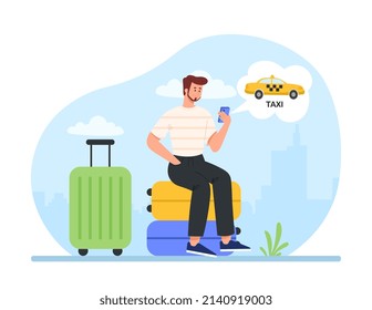 Turista con maletas. Joven sentado en el equipaje con el smartphone en las manos. Los personajes ordenan taxi, vacaciones y descanso en otro país. Viajes y aventuras. Dibujo vectorial plano de dibujos animados