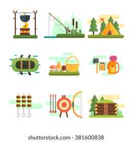 Tourist Summer Equipment. Colorful Vector Flat Illustration Collection