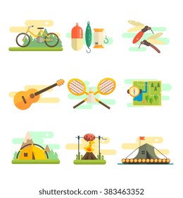 Tourist Summer Equipment. Colorful Vector Flat Illustration  Collection