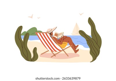Tourist in summer hat sunbathing on chaise lounge on beach. Woman relaxes lying on deck chair, reading book. Tourism, travelling to sea resort. Flat isolated vector illustration on white background
