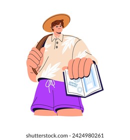 Turista en traje de verano mostrando pasaporte abierto, identificación en el control de la tarjeta de embarque. Chico feliz presenta documento de identidad, visa para viajar, vacaciones. Ilustración aislada plana del vector sobre fondo blanco