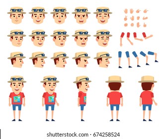Tourist in summer suit creation set. Various gestures, emotions, diverse poses, views. Create your own pose, animation. Flat style vector illustration
