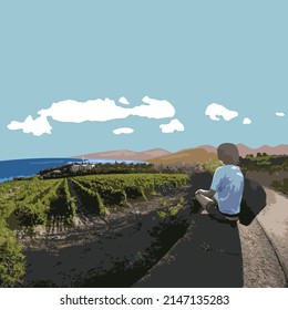 A tourist at sunset in Yalta, in Crimea, looks at the mountains and the sea and vineyards. Vector art.
