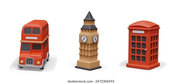 Tourist symbols of Britain. Red telephone booth, double decker bus, Big Ben