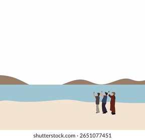 Tourist take photo of blue sky with smart phone. Summer holiday vacation. Relaxation in nature. Minimal art design.