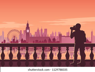 tourist take photo of famous place called Big Ben,landmark of England on sunset time,vintage color style,vector illustration