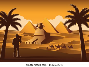 tourist take photo of famous place called Pyramid while caravan of camel pass,landmark of Egypt on sunset time,yellow color style,vector illustration