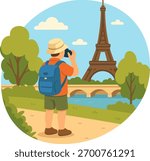 A tourist takes a photo of the Eiffel Tower in Paris. Collection of stylish colorful vector illustrations. The concept of an interesting, rich and fulfilling lifestyle.