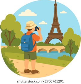 A tourist takes a photo of the Eiffel Tower in Paris. Collection of stylish colorful vector illustrations. The concept of an interesting, rich and fulfilling lifestyle.