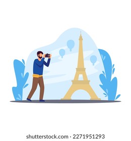 Tourist taking photo and discovering Paris. Bearded guy with camera sightseeing Eiffel tower. Trip, vacation, and exploration. Color vector graphic flat art, cartoon illustration