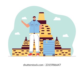 A Tourist Taking A Photo in Front of Borobudur Temple, Immediately Spending Time as Soon as The He Arrives at A Tourist Spot, One of The Seven Wonders of The World