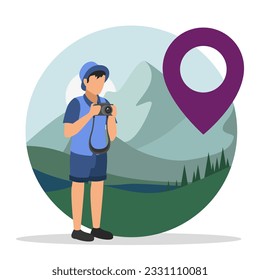 Tourist taking pictures of views with camera near mountains. Travel and tourism concept. Concept of active recreation. Flat vector illustration in blue and purple colors in cartoon style