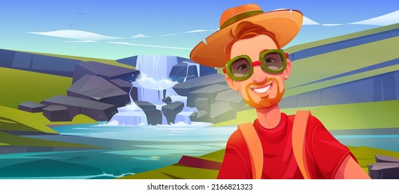 Tourist taking selfie photo over beautiful waterfall cascade in travel. Portrait of young man in sunglasses at outdoor expedition in nature, hiking journey on holidays, Cartoon vector illustration