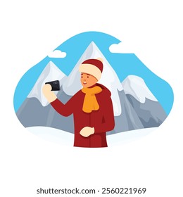 Tourist is taking a selfie in a snowy mountain landscape using his smartphone