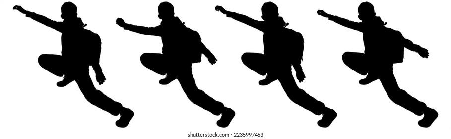 Tourist teenager lends a helping hand. Rescuer. A teenager with a backpack behind his back climbs up. Climbing climb. Sport. Sideways. Boy going up on a slope. Black silhouette isolated on white