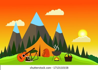 Tourist tent, backpack, guitar, boots, chair, bonfire, food basket on a background of mountains, forest and sunset.