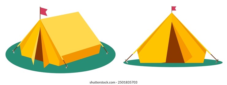 Tourist tent camp flat cartoon front and 3d isometric vector graphic illustration set isolated cut out on white background image clip art